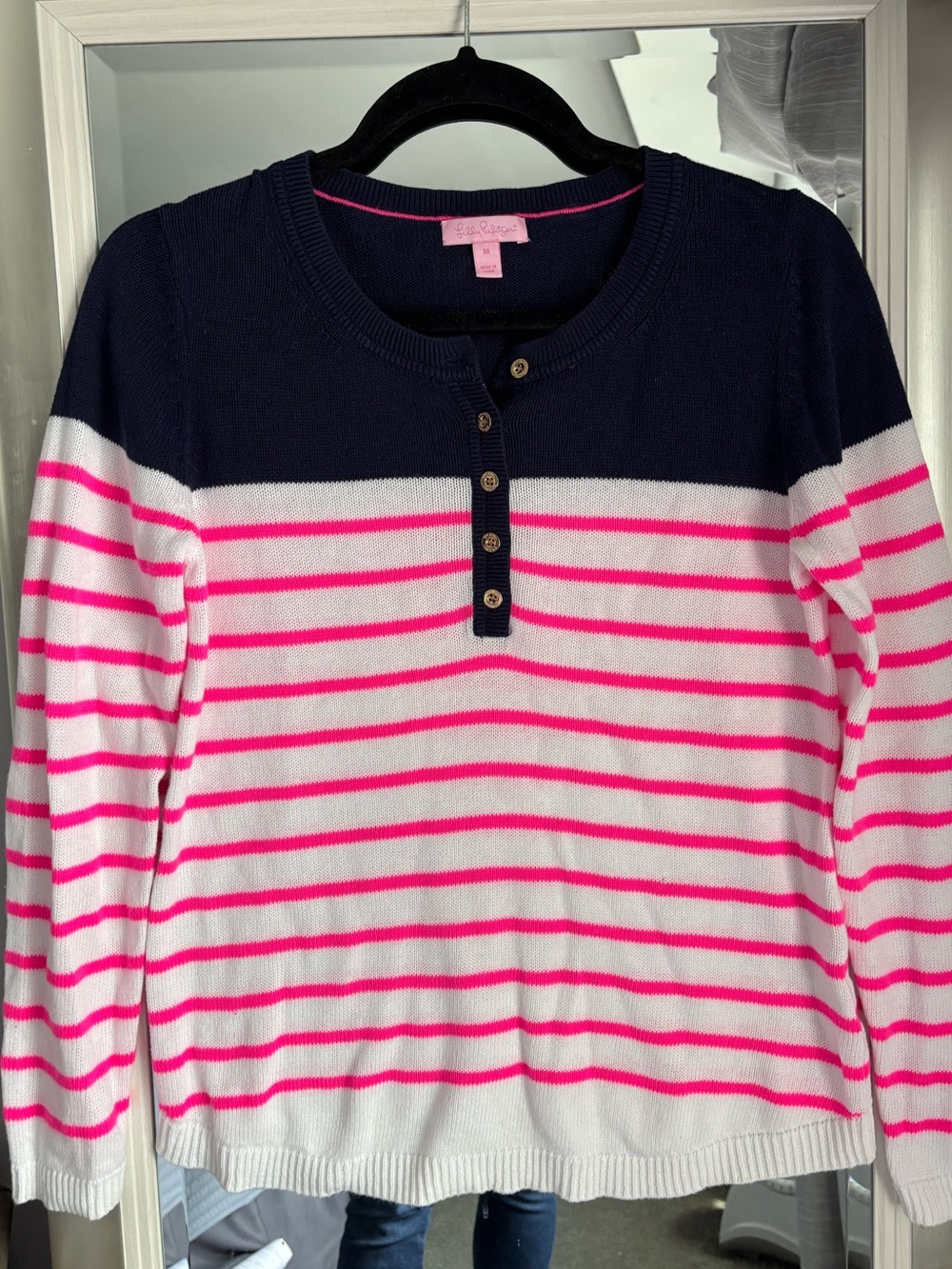 Lilly Pulitzer Adair Navy, White & Hot Pink Striped Crew Henley Sweater Medium